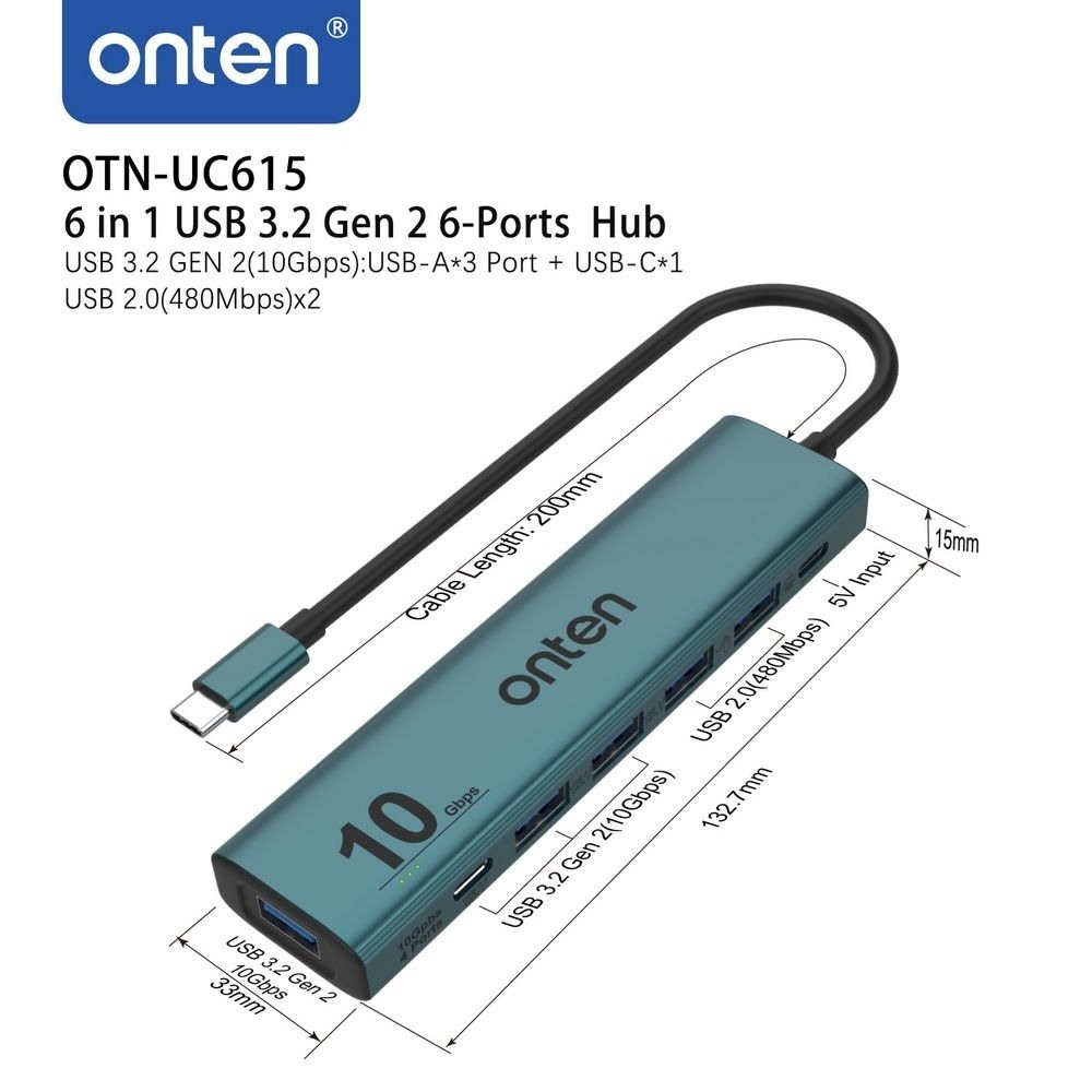 ONTEN (OTN-UC615) 6 in 1 USB 3.2 Gen 2, 6-Ports 10G Hub