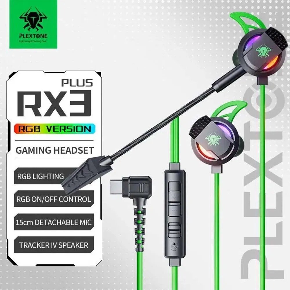 Plextone RX3 Plus USB Type C RGB Gaming Earphones Bass Wired In-Ear Headset with Dual Mic