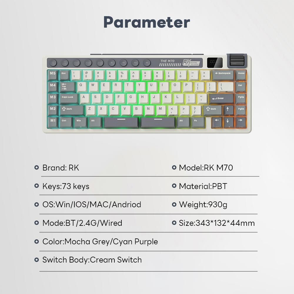 ROYAL KLUDGE RK M70 Hot Swappable Tri Mode Mechanical Gaming Keyboard