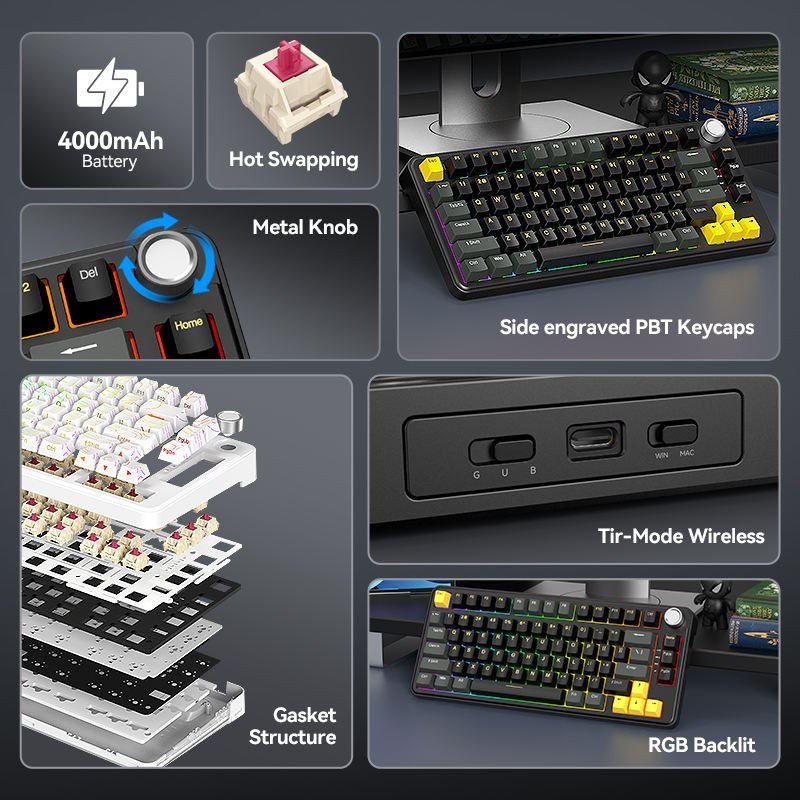 T-WOLF T40 Tri-Mode Custom Mechanical RGB Backlit Keyboard with Knob