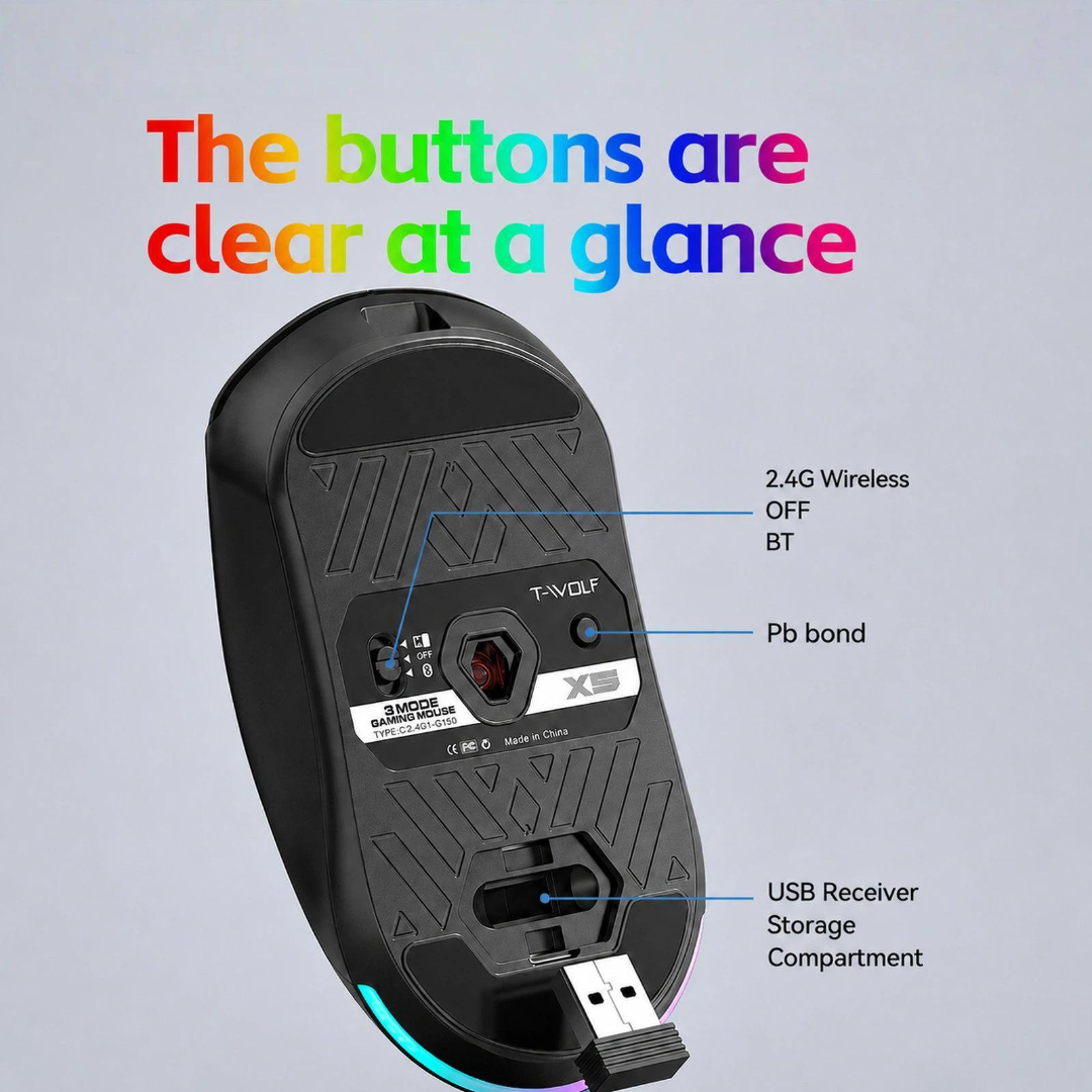 T-WOLF X5 Tri-Mode Wireless Gamer Mouse With RGB Backlit