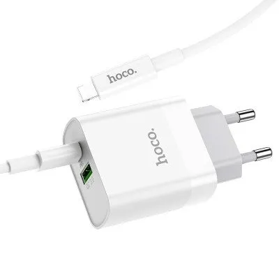 Hoco C80A Charging (EU) Adapter With Type C & Type A Port (20W) (With TC to IP Cable)