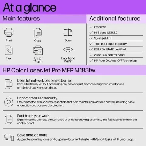 HP Color LaserJet Pro MFP M183fw Multifunction Color Laser Printer