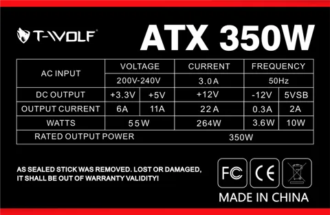 T-wolf ATX 350W Power Supply with power cable